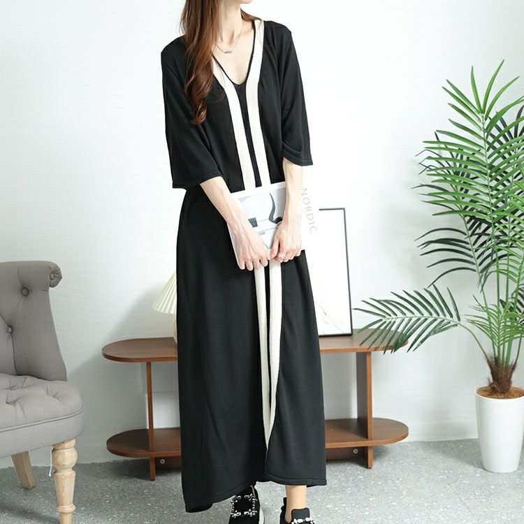 大きいサイズ レディース Vネックラインニットロングワンピース bro