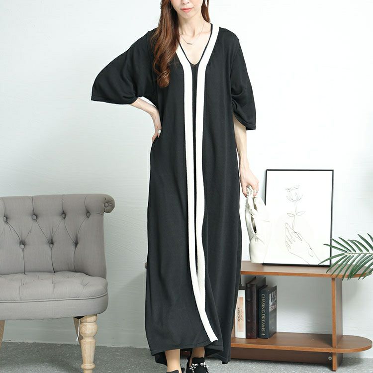 大きいサイズ レディース Vネックラインニットロングワンピース bro