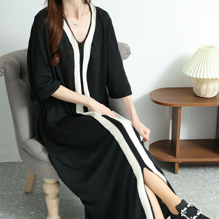 大きいサイズ レディース Vネックラインニットロングワンピース　bro-0040