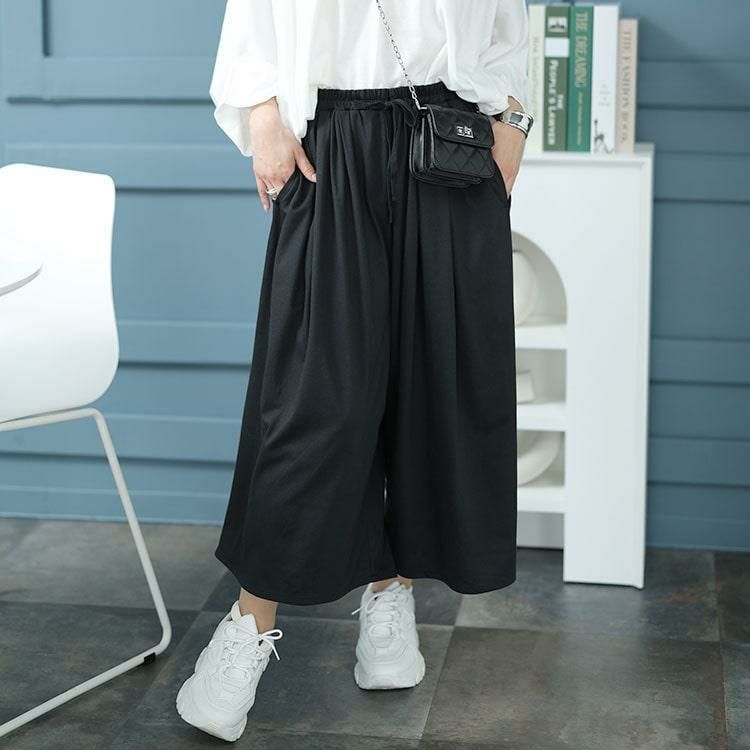 大きいサイズ レディース 裾がくるっとできるフレアワイドパンツ　bai-0149 ブラック