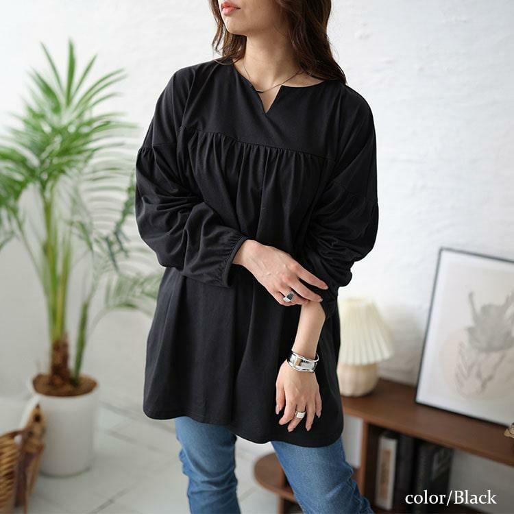 大きいサイズ レディース 切替えギャザープルオーバー　bai-0145 ブラック
