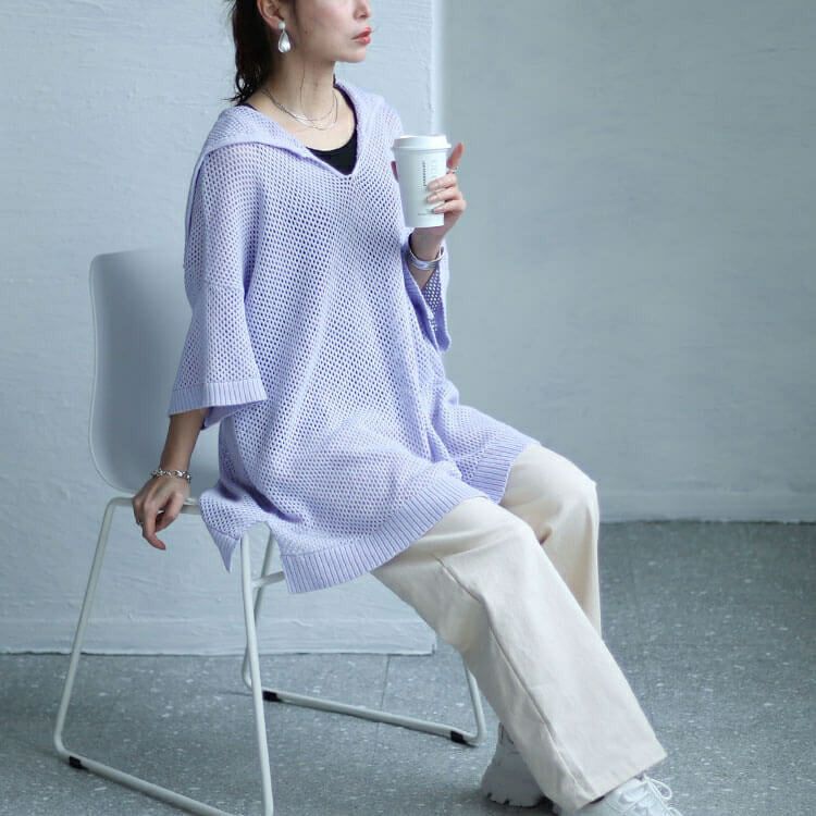 大きいサイズ レディース セーラーカラーメッシュニット　sw-0607