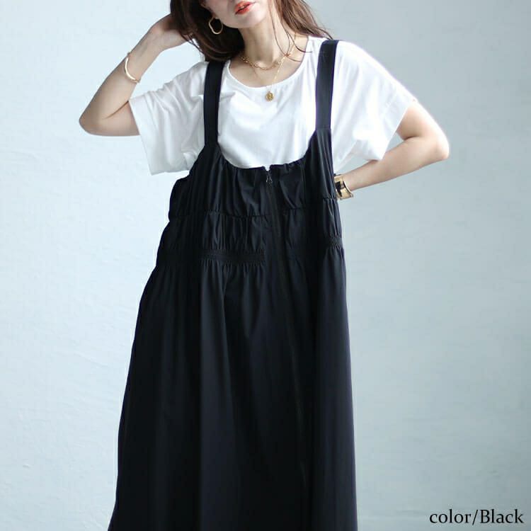 大きいサイズ レディース ジップシャーリングサロペットワンピース　sw-0604