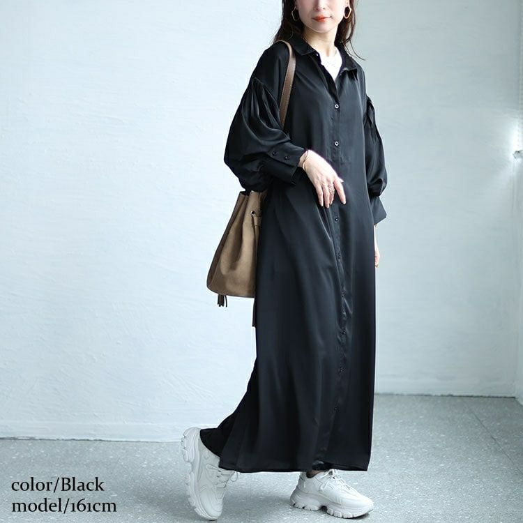 大きいサイズ レディース バルーンスリーブロングシャツワンピース　nw-24008