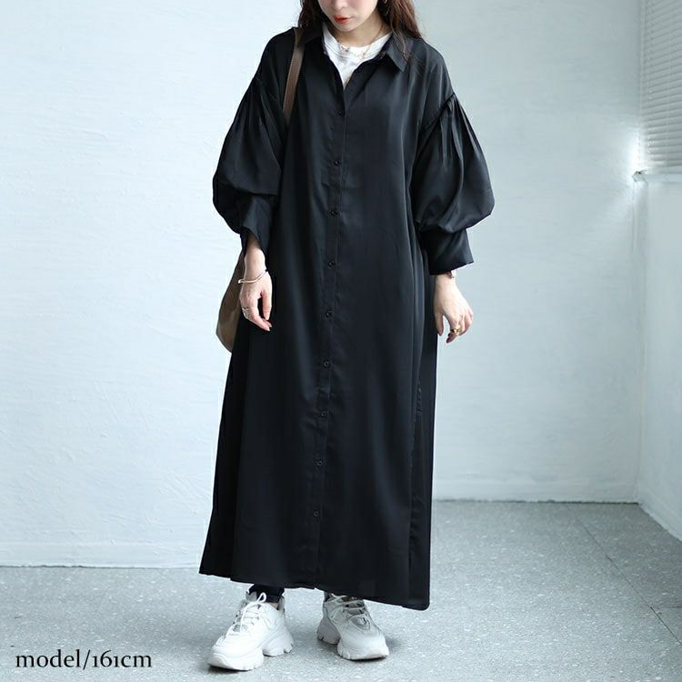 大きいサイズ レディース バルーンスリーブロングシャツワンピース　nw-24008