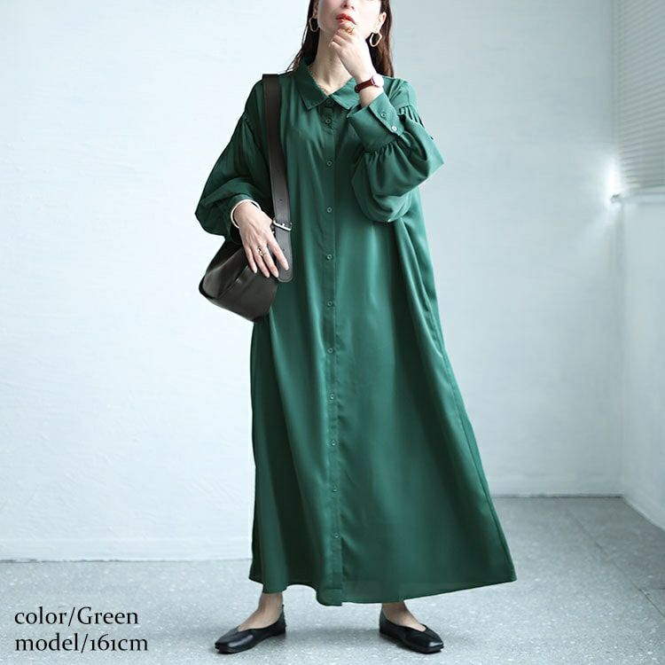 大きいサイズ レディース バルーンスリーブロングシャツワンピース　nw-24008