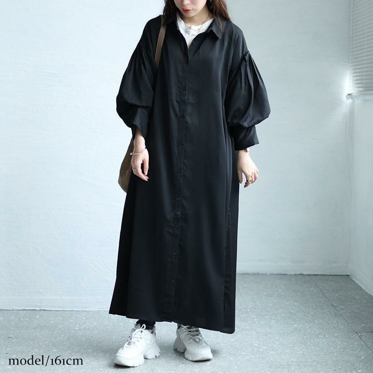 大きいサイズ レディース バルーンスリーブロングシャツワンピース　nw-24008 ブラック