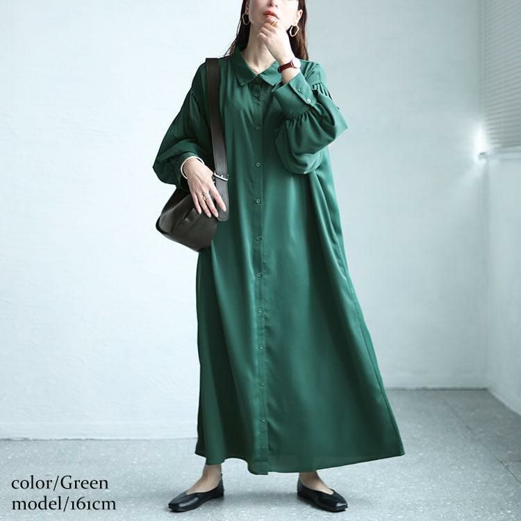 大きいサイズ レディース バルーンスリーブロングシャツワンピース　nw-24008 グリーン