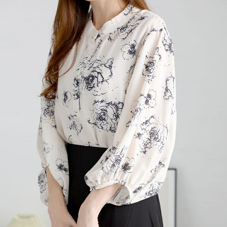 大きいサイズ レディース スタンドカラー花柄シアーブラウス　goldy-1454 【メール便可】
