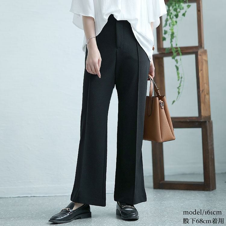 大きいサイズ レディース センターラインストレッチワイドパンツ　sfe-0001 ブラック(股下68cm)