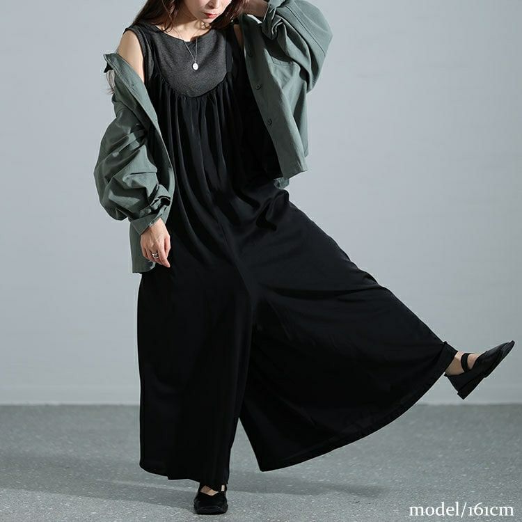 大きいサイズ レディース ギャザーワイドサロペットパンツ　nw-24007