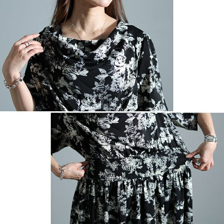 大きいサイズ レディース ドレープネックシャーリングウエスト花柄ワンピース　nw-24006