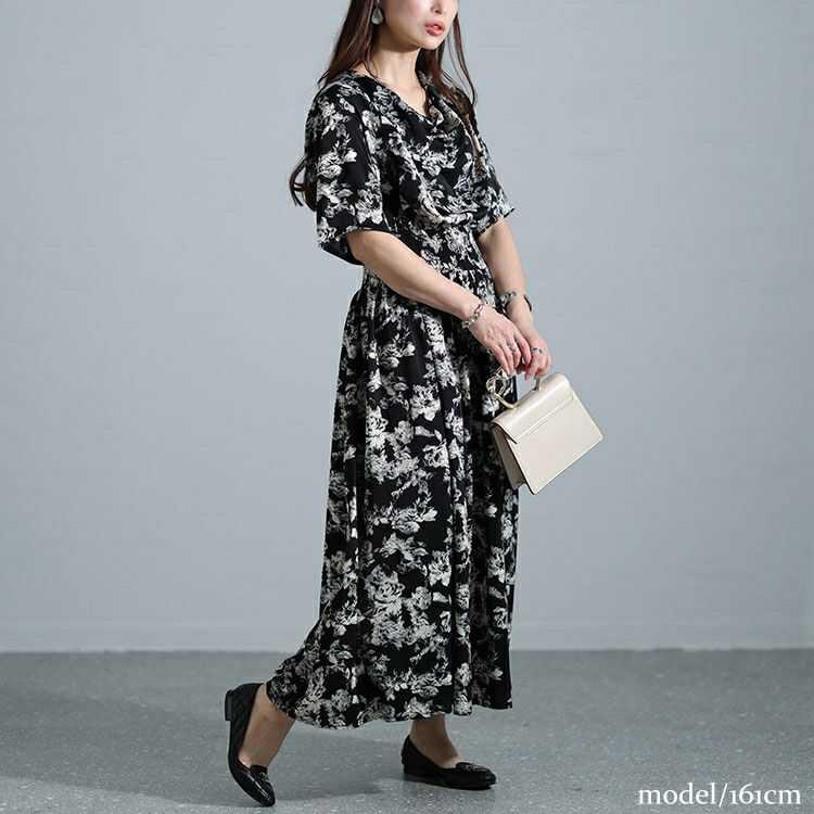 大きいサイズ レディース ドレープネックシャーリングウエスト花柄ワンピース　nw-24006