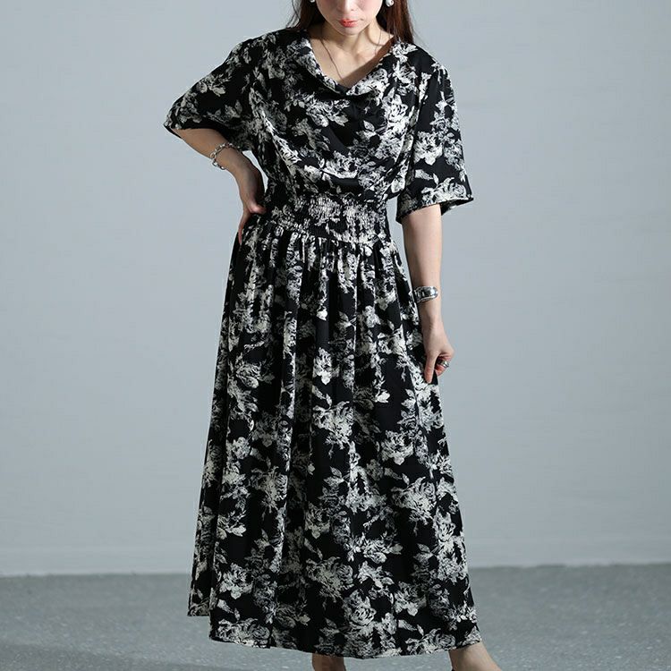 大きいサイズ レディース ドレープネックシャーリングウエスト花柄ワンピース　nw-24006