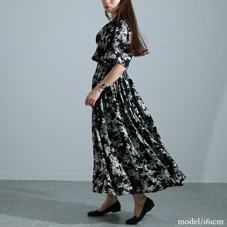 大きいサイズ レディース ドレープネックシャーリングウエスト花柄ワンピース　nw-24006