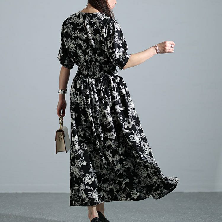 大きいサイズ レディース ドレープネックシャーリングウエスト花柄ワンピース　nw-24006