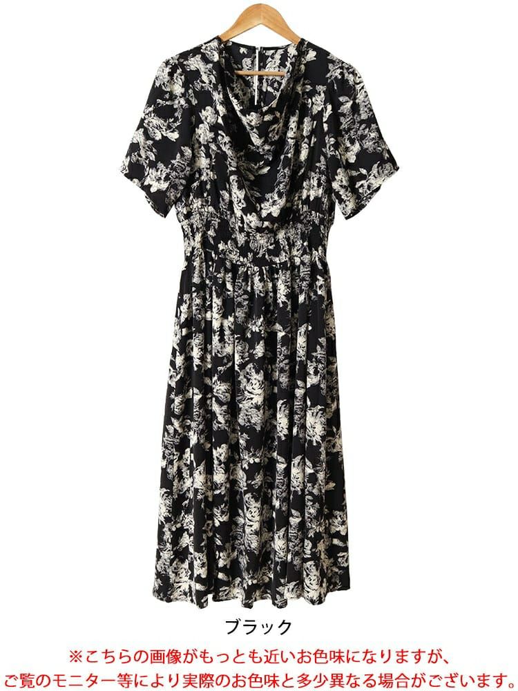 大きいサイズ レディース ドレープネックシャーリングウエスト花柄ワンピース　nw-24006