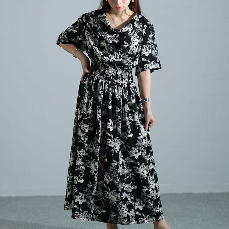大きいサイズ レディース ドレープネックシャーリングウエスト花柄ワンピース　nw-24006 ブラック
