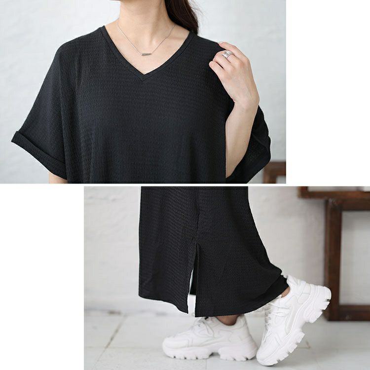 大きいサイズ レディース Vネックスリット入りワンピース　fem-443