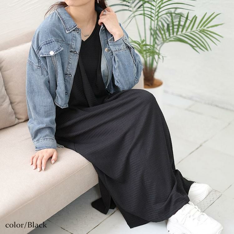 大きいサイズ レディース Vネックスリット入りワンピース　fem-443 ブラック