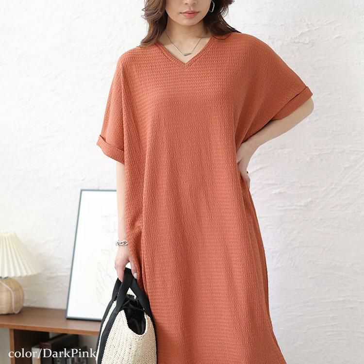 大きいサイズ レディース Vネックスリット入りワンピース　fem-443 ダークピンク