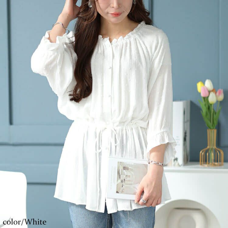 大きいサイズ レディース ミニフリル襟ドット楊柳ドビーブラウス　cpdai-640377