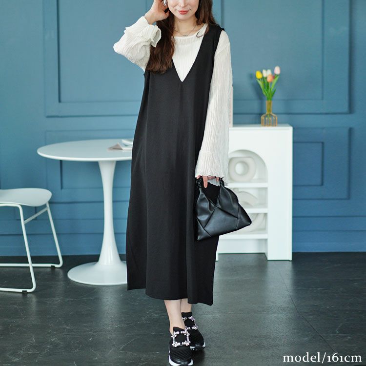 大きいサイズ レディース 深Vネックバックスリットジャンパースカート