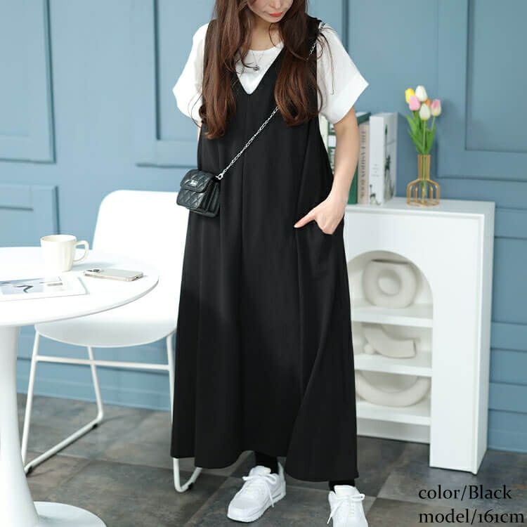 大きいサイズ レディース Vネックフレアジャンパースカート　plan-2300467