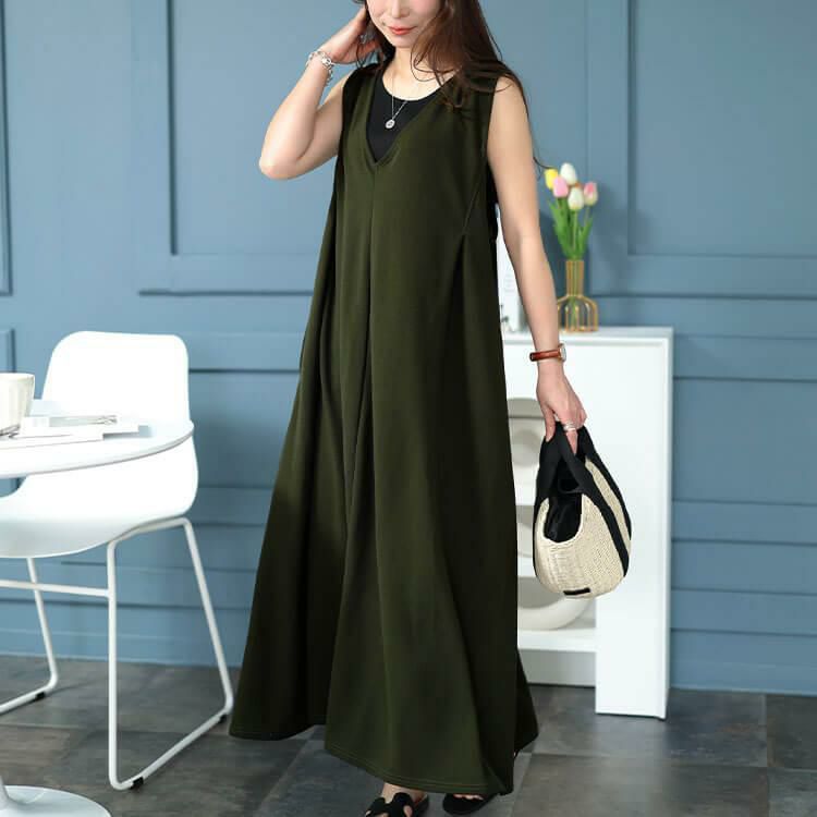 大きいサイズ レディース Vネックフレアジャンパースカート　plan-2300467 カーキ