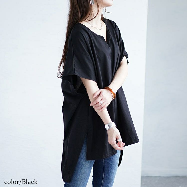 大きいサイズ レディース サイドスリットフロントタックドルマンチュニック　fem-464