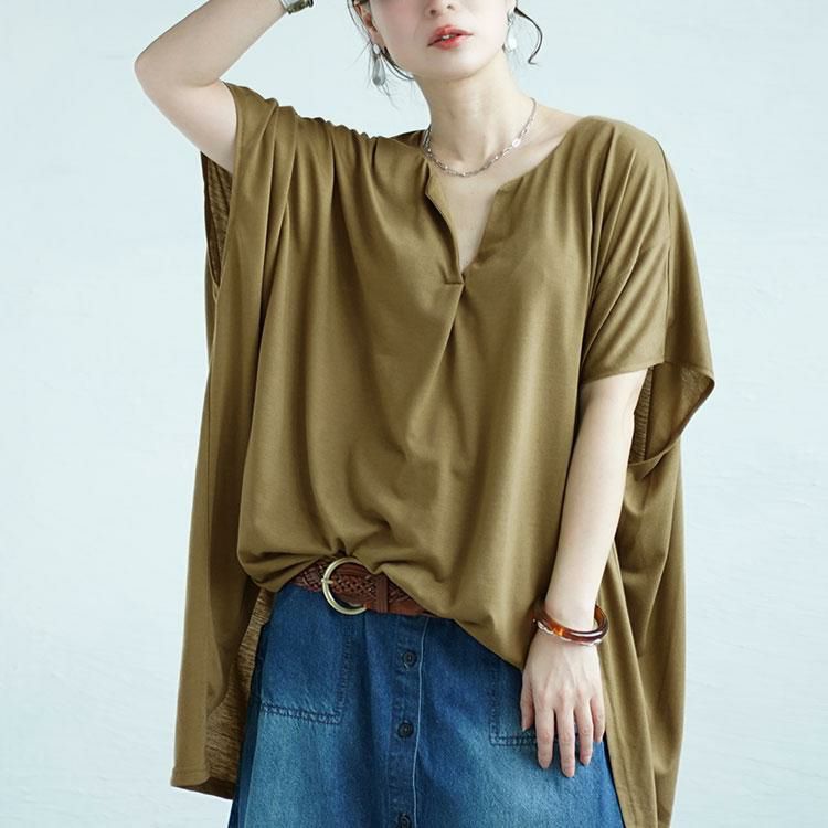 大きいサイズ レディース サイドスリットフロントタックドルマンチュニック　fem-464 カーキ