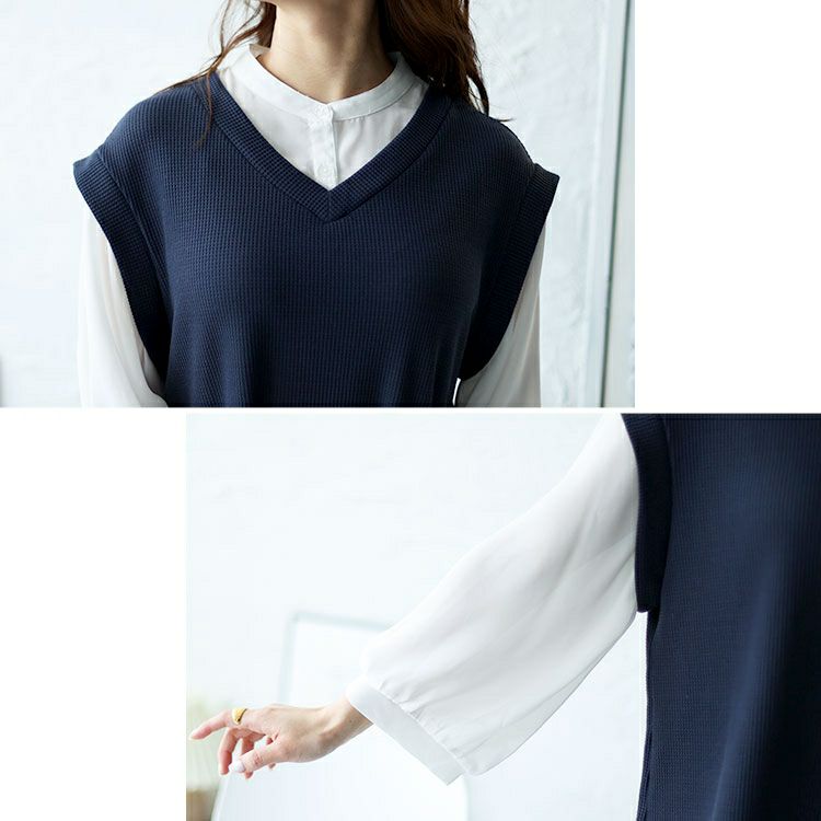 大きいサイズ レディース ワッフルベストフェイクシャツプルオーバー　cast-5542039