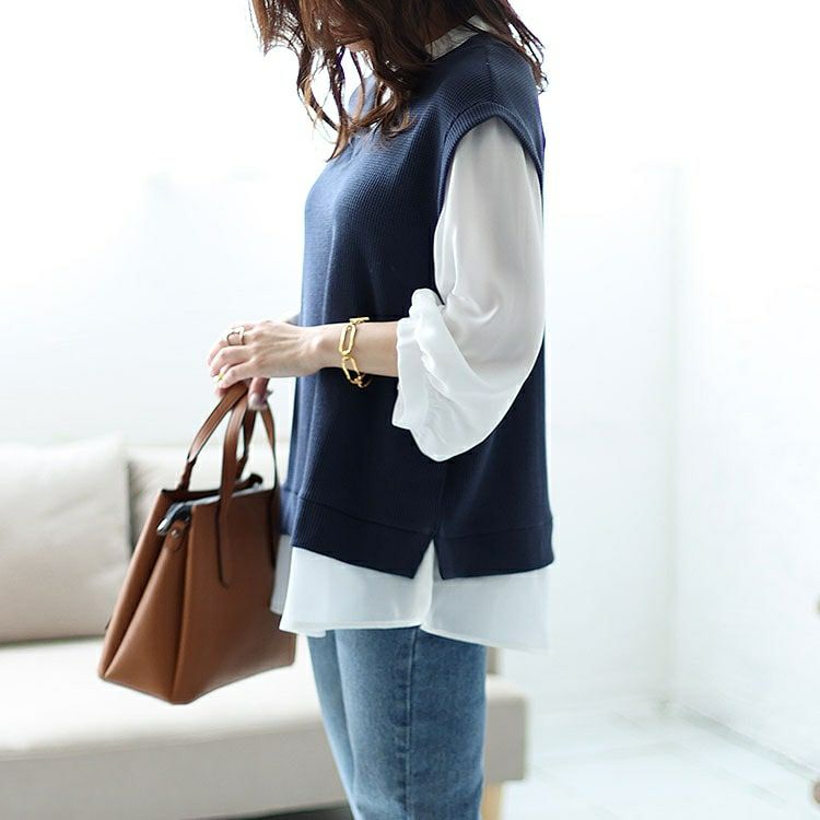 大きいサイズ レディース ワッフルベストフェイクシャツプルオーバー　cast-5542039