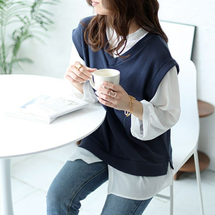 大きいサイズ レディース ワッフルベストフェイクシャツプルオーバー　cast-5542039