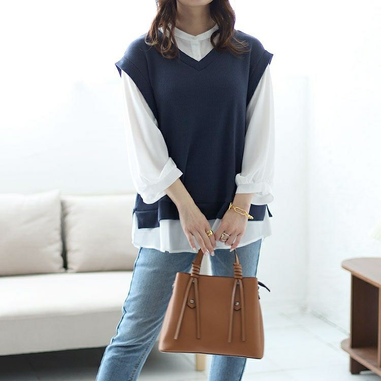 大きいサイズ レディース ワッフルベストフェイクシャツプルオーバー　cast-5542039