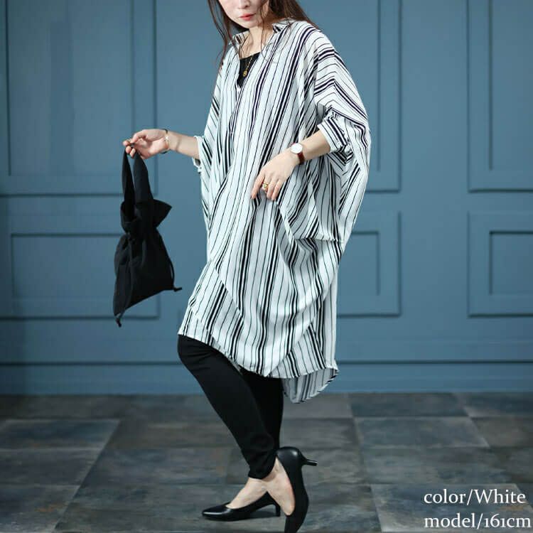 大きいサイズ レディース ランダムストライプドルマンチュニック　nw-24017