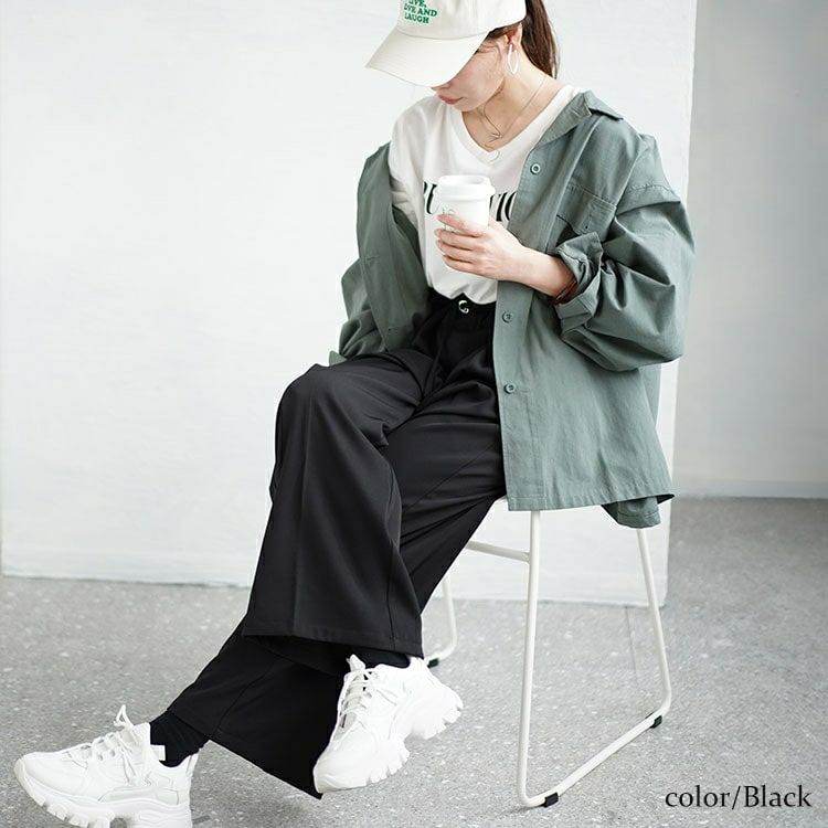 大きいサイズ レディース 細ベルト付きセンタープレスワイドパンツ　fem-468