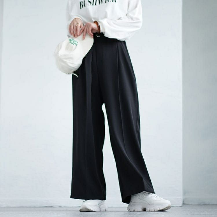 大きいサイズ レディース 細ベルト付きセンタープレスワイドパンツ　fem-468