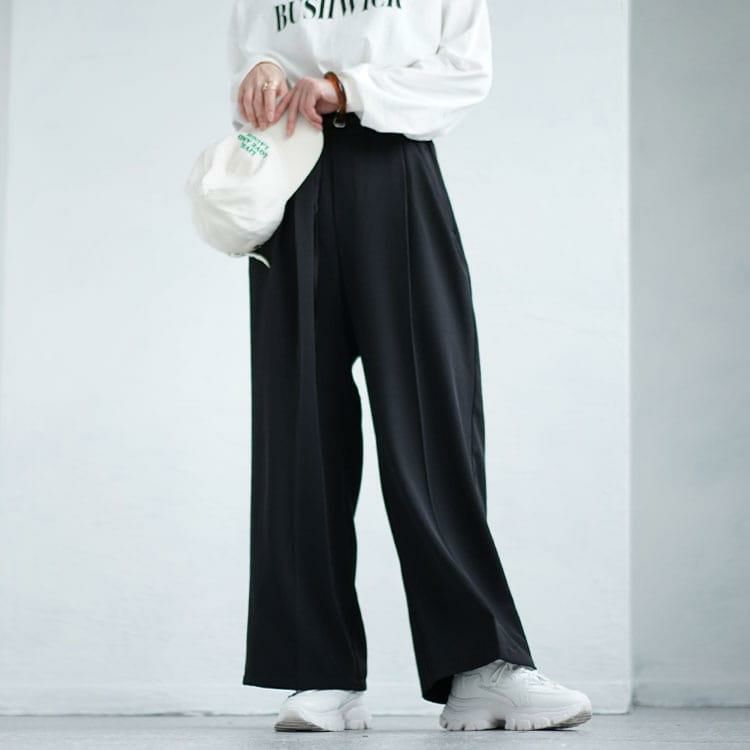 大きいサイズ レディース 細ベルト付きセンタープレスワイドパンツ　fem-468 ブラック