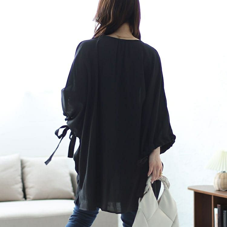 大きいサイズ レディース 袖リボン七分袖ワイドチュニック　fem-460