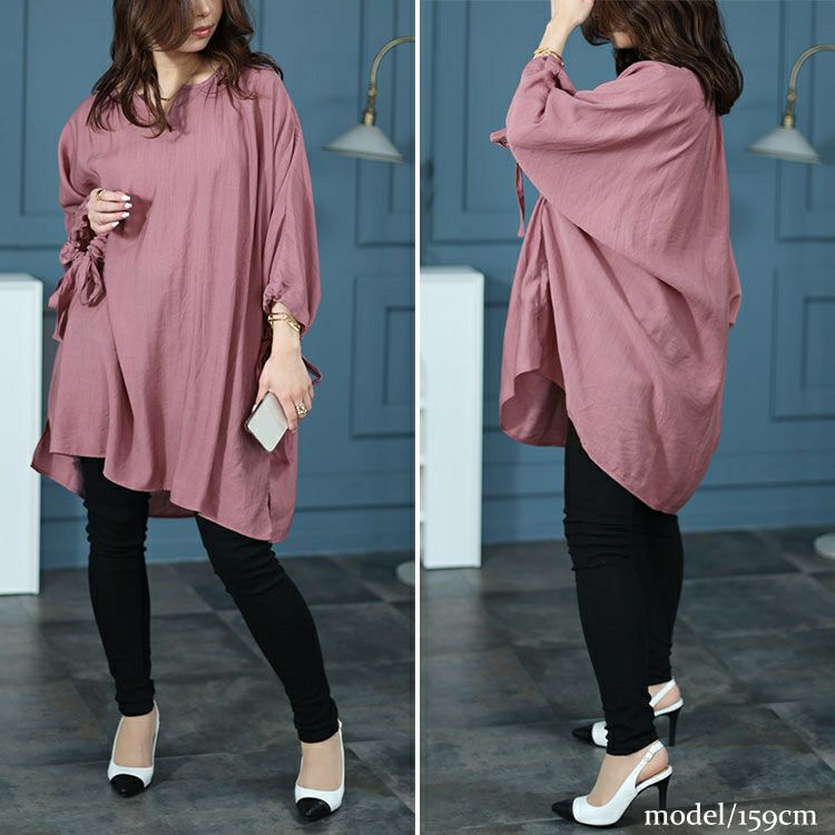 大きいサイズ レディース 袖リボン七分袖ワイドチュニック　fem-460
