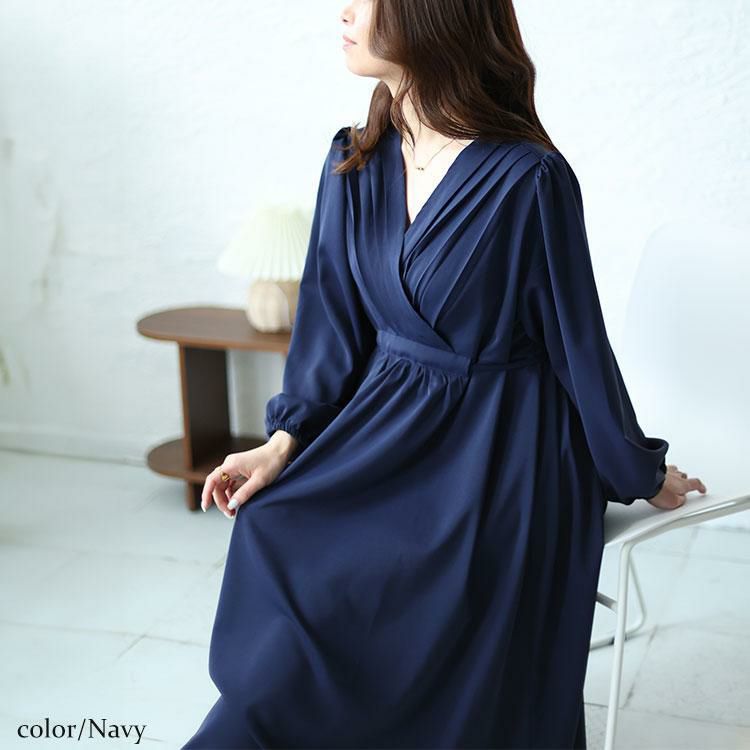 大きいサイズ レディース パワーショルダーカシュクールワンピース　fem-451 ネイビー