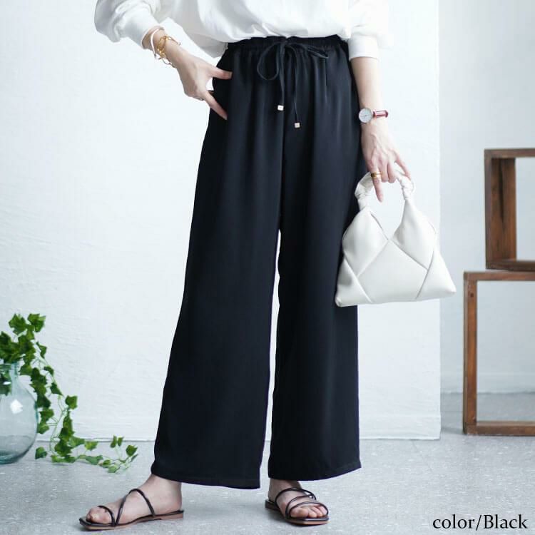 大きいサイズ レディース 接触冷感とろみツイルイージーパンツ　tkb-141564327 ブラック