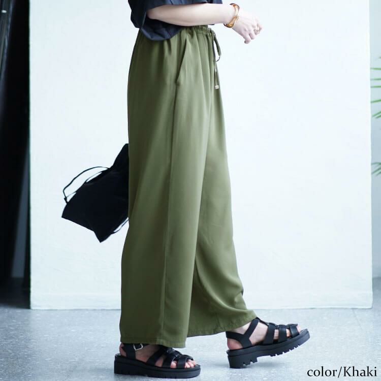 大きいサイズ レディース 接触冷感とろみツイルイージーパンツ　tkb-141564327 カーキ
