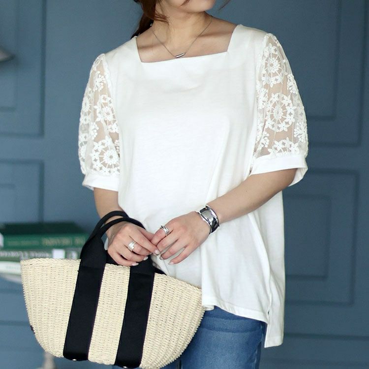 大きいサイズ レディース シアーレース袖切り替えスクエアネックT