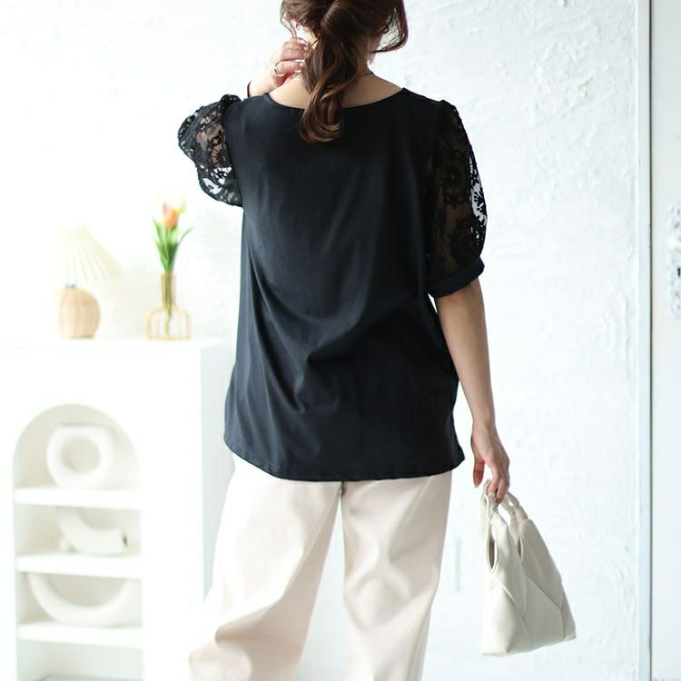 大きいサイズ レディース シアーレース袖切り替えスクエアネックT