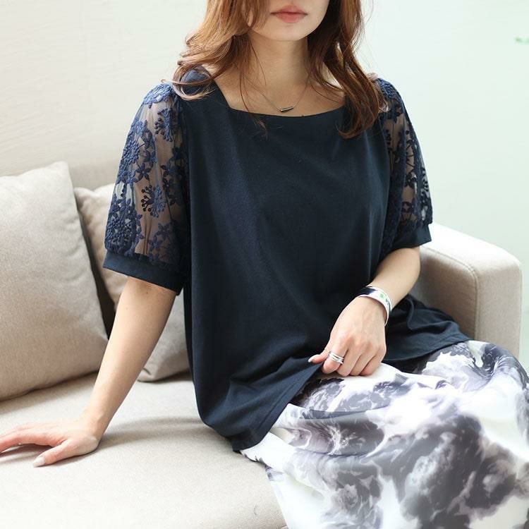 大きいサイズ レディース シアーレース袖切り替えスクエアネックTシャツ　mncut-142024 ネイビー