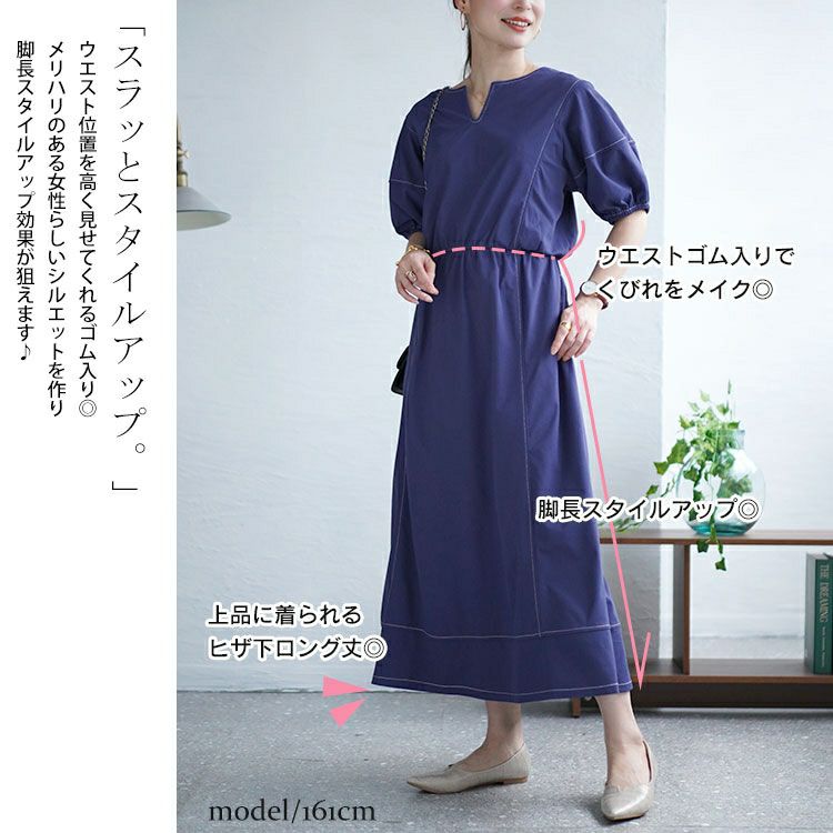 大きいサイズ レディース 配色ステッチキーネックギャザーワンピース　maru-30009