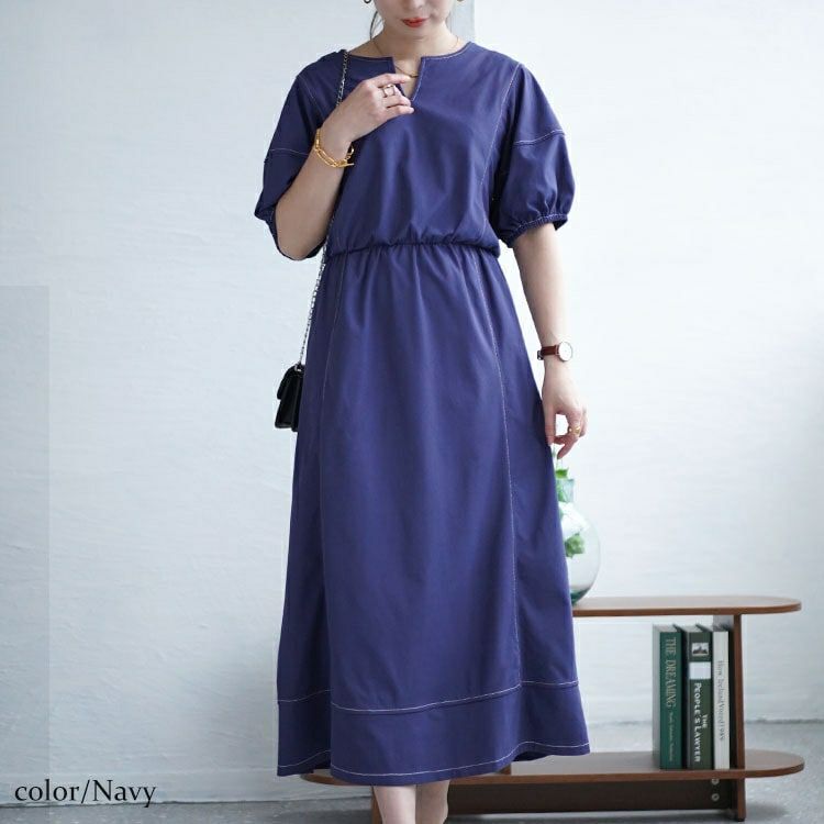 大きいサイズ レディース 配色ステッチキーネックギャザーワンピース　maru-30009