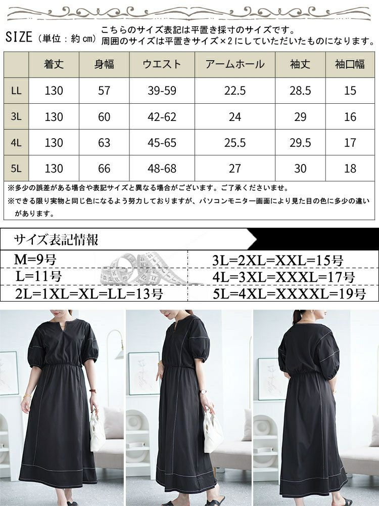 大きいサイズ レディース 配色ステッチキーネックギャザーワンピース　maru-30009